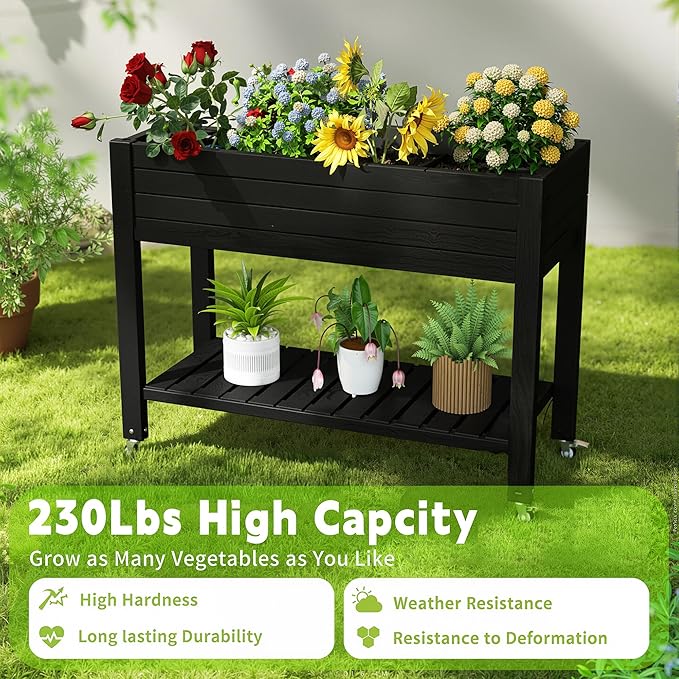 Raised Garden Bed with Legs 33.66 Tall Self-Watering Resin Planter Box with Lockable Wheels Drainage Plug and Gauge for Vegetables Flowers Storage Shelf for Tools and Accessories (Black)