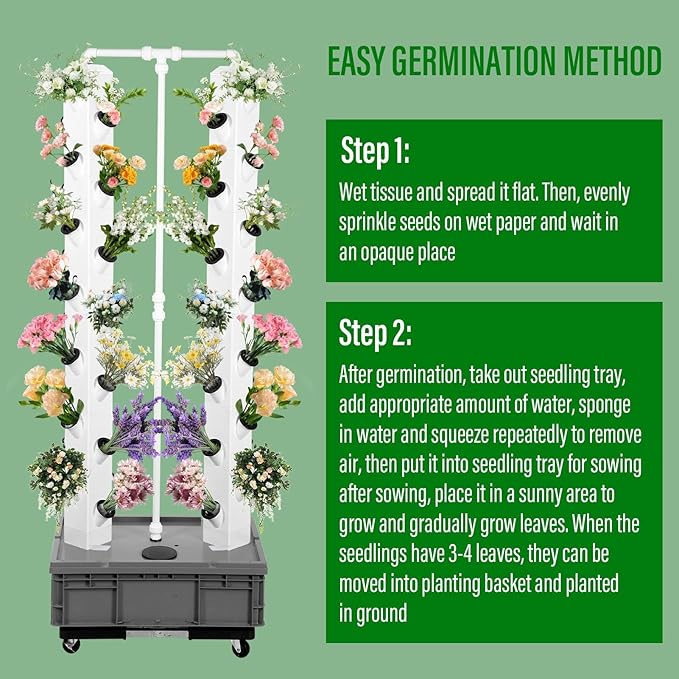 Tower Garden Hydroponic Growing System - 2 Racks 56-Plant Hydroponics Tower Indoor Hydroponic TowerSmart Hydroponic Garden Kit with Breeding Sponge/Seeding Trays/Water Pump/Timer