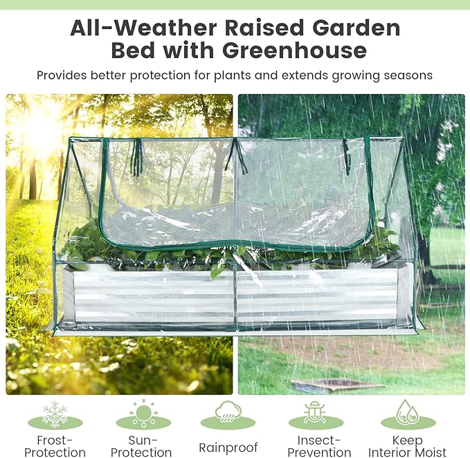 Raised Garden Bed with Cover - 6 x 3 x 3Ft Galvanized Steel Planter Box Kit with 2-Tier Roll-Up Zipper Windows Outdoor Mini Greenhouse for Growing Fruit Vegetable Flower Herbs