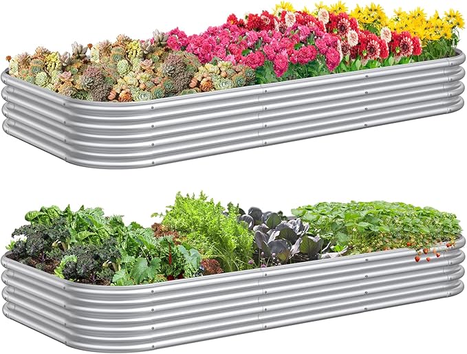 2 PCS 10x2x1/8x4x1/6x6x1ft Outdoor Galvanized Backyard Metal Raised Garden Bed for Flowers 9 in 1 Adjustable Raised Planter Box for Plant
