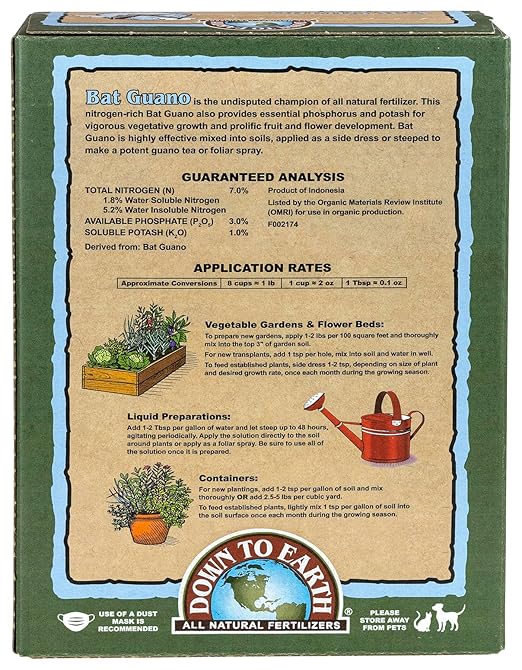 Down To Earth All Natural Fertilizers Organic Bat Guano - High Nitrogen Plant Food for Vegetative Growth 7-3-1 2 lb