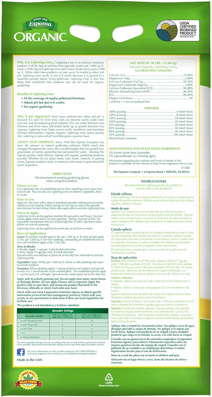 Espoma Organic Lightning Lime Fast Acting Pelletized Lime for Soil pH Correction on Lawns &amp Gardens. 30 lb. Bag Covers up to 5000 Sq. Ft. Pack of One