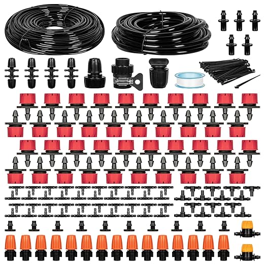 OnBrand 164FT Drip Irrigation System Quick-Connect Garden Irrigation System Kit for Raised Flower Bed Vegetable Garden Pots Automatic Garden Watering System with Tubings and Complete Accessories