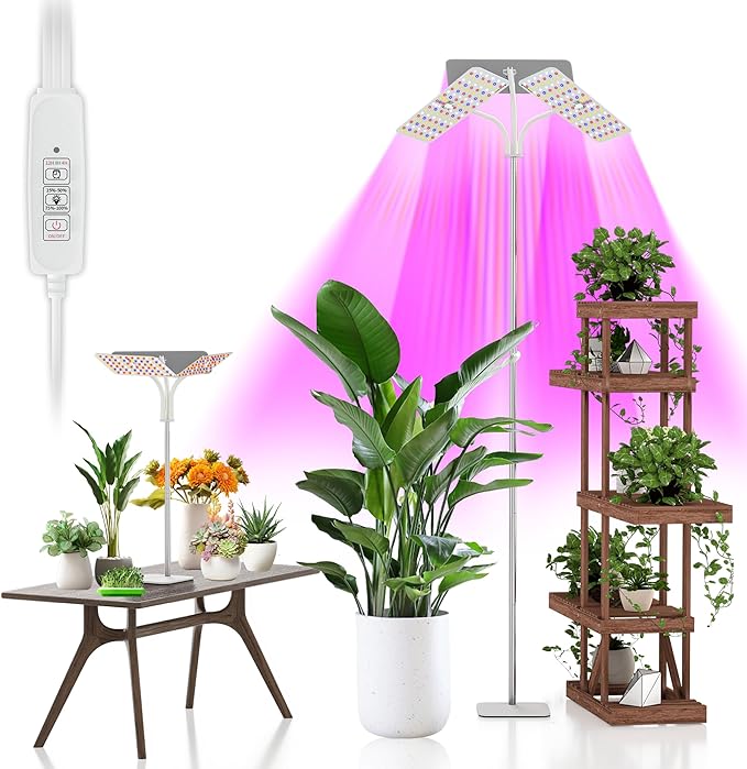 KINGPLUS Grow Lights with Stand Three Heads Full Spectrum LED Grow Light for Indoor Plants 360 Leds 4 Dimmable Levels Timer 4/8/12h 12-60inches Height Adjustable 48w Ideal for Desk Small Plant
