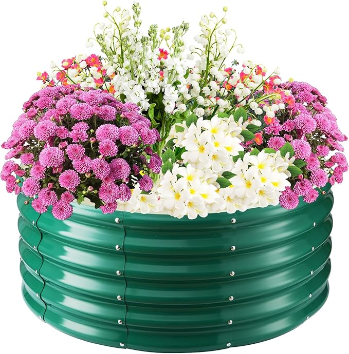17 Tall Elevated Round Metal Rised Garden Bed- 3.3'x3.3' in Size and 0.8MM Thick Durable Planter Box for Vegetables Flowers Succulent at Patio/Garden Outdoor (Dark Green 3.3FT Diameter)