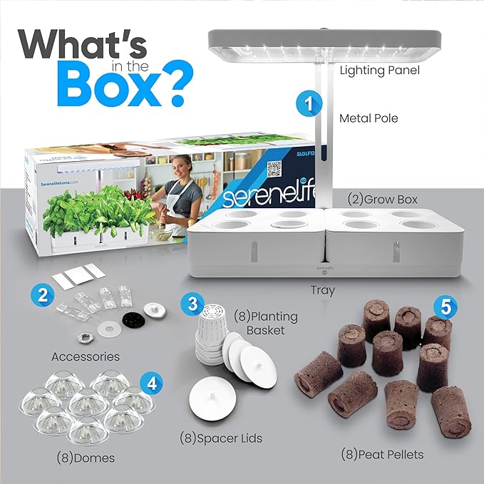 SereneLife Hydroponic Herb Garden Kit – 8 Seed Pods Included Indoor Garden with Full-Spectrum Grow Light Adjustable Height and Smart Hydroponic System