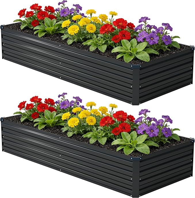 8x2x1 ft(2 Pack) Galvanized Raised Garden BedOutdoor Planter Box Metal Patio Kit Planting Bed for Vegetables Flowers and SucculentsBlack