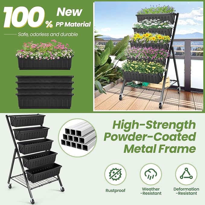 SEJOV 5-Tier Raised Garden Bed 4FT Vertical Garden Planter with Storage Rack and Lockable Caster Wheels Indoor Outdoor Raised Planter Box with Drainage System for Vegetables Flowers Herbs Black