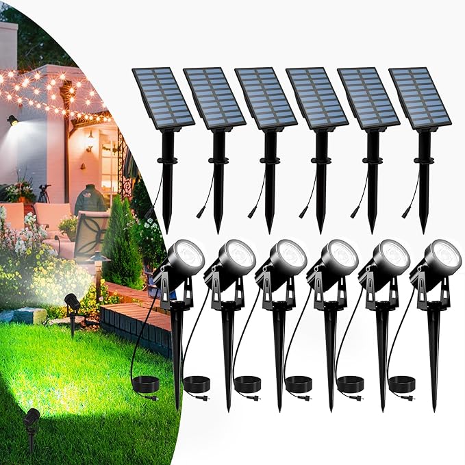 T-SUNUS 6 Pack Solar Landscape Spotlights White 6000K IP65 Waterproof Spot Lights 9.8ft Cable Outdoor Separated Panel for Yard Garden Driveway Porch Walkway Pool Patio