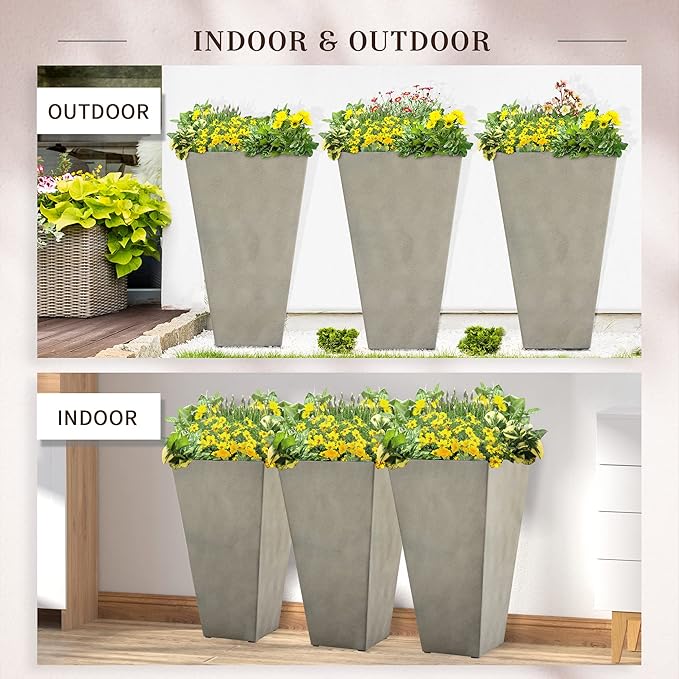 Set of 3 Tall with Drainage Hole 28 Outdoor Flower Pots Indoor for Porch Patio and Deck Gray