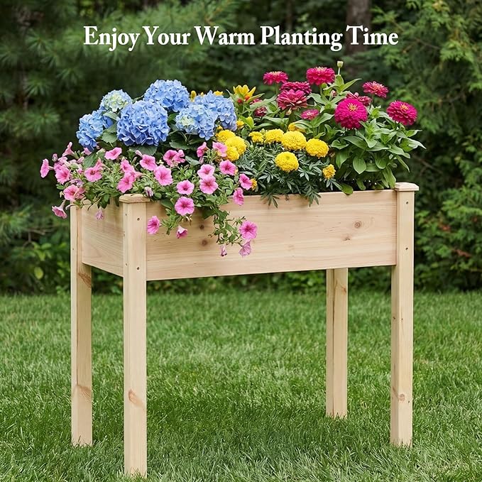 DUMOS Raised Garden Bed with Legs 48x24x30 Inch Planter Box Outdoor with Liner for Herbs Flowers Vegetables Elevated Wooden Garden Bed for Patio Balcony and Backyard Natural Wood