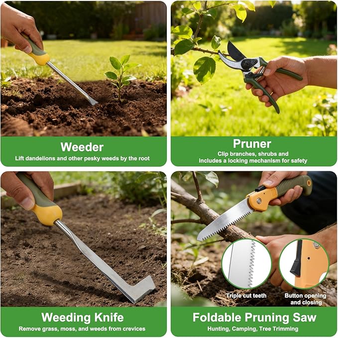 Yesker Gardening Tools 9-Piece Heavy Duty Garden Tool Set Gardening Supplies Gifts for Women Men Gardening Hand Tool Kit w Non-Slip Ergonomic Rubber Handle Durable Garden Bag Pruning Shears Green