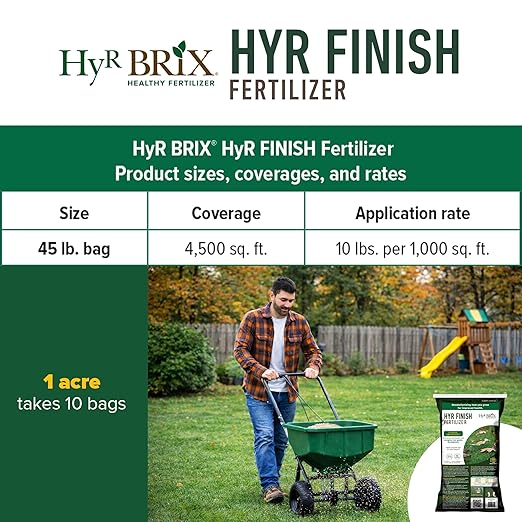 HyR BRIX 10-0-0 HyR Finish Fertilizer 45lb Bag - Slow-Release Granular with Calcium &amp Sulfur - for Late Summer &amp Fall Lawn Prep - Covers 4500 Sq Ft