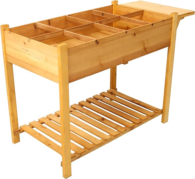 8 Pockets Horticulture Raised Garden Bed Planter Box Stand Wooden FrameStorage Shelfwith Foldable Side Table Herb/Vegetables/Flowers