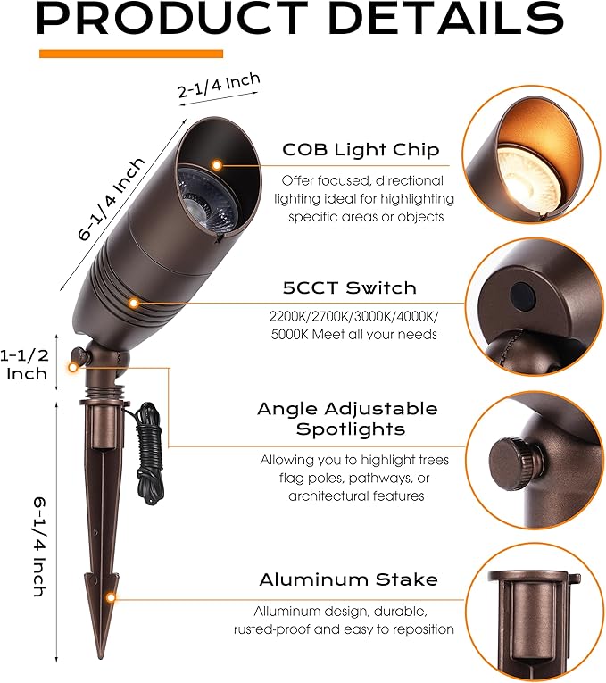 CLOUDY BAY 9W 5CCT LED Landscape Lighting Low Voltage (AC/DC 12V) Outdoor Spotlights with Spike StandWaterproof Pathway Lights2200K/2700K/3000K/4000K/5000K SelectablePack of 4Bronze