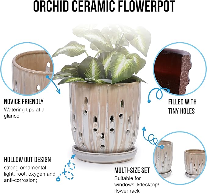 Handmade Ceramic Planter Set of 2 8 6 Diameter Beige with Vertical Stripes Oval Holes for Orchids Herbs IndoorOutdoor Shelf Table Use Breathable Clay