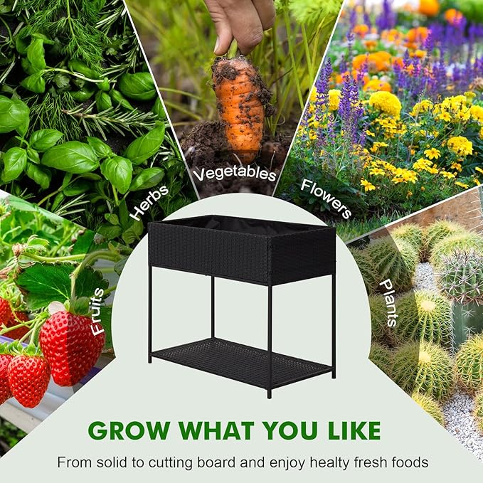 Kinpaw Rattan Raised Garden Bed with Liner- Planter Box with Underneath Tool Storage Rack Elevated Planting Containers with Legs Handmade Wicker Plants Pot Holder for Herbs Vegetables Flowers