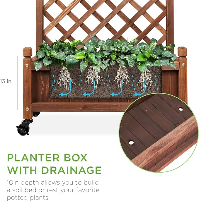 Best Choice Products 60in Wood Planter Box &amp Diamond Lattice Trellis Mobile Outdoor Raised Garden Bed for Climbing Plants w/Drainage Holes Optional Wheels - Walnut