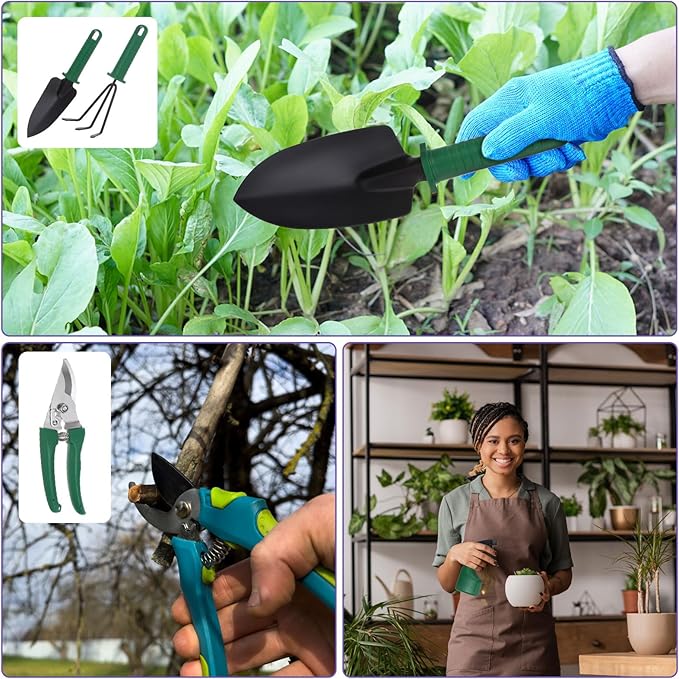 HARFINGTON 1 Set Garden Tool Set 5 Pieces Plastic Gardening Planting Tools Kits with Shovels Rake Scissor Water Sprayer and Store Case Dark Green