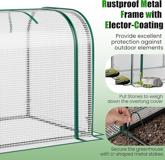 Giantex Raised Garden Bed with Cover Wood Elevated Planter Box with Legs &amp Mini Greenhouse Waterproof Sun-Protective PE Green House Cover Outdoor Use for Fruit Vegetable Flower Herb (White+Natu