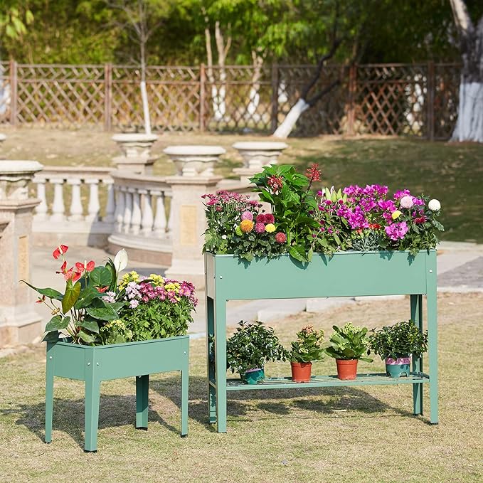 Raised Garden Bed Elevated Green Metal Plant Box with Legs Standing Garden Stand with Drainage Holes (40 L x 11 W x 31 H)