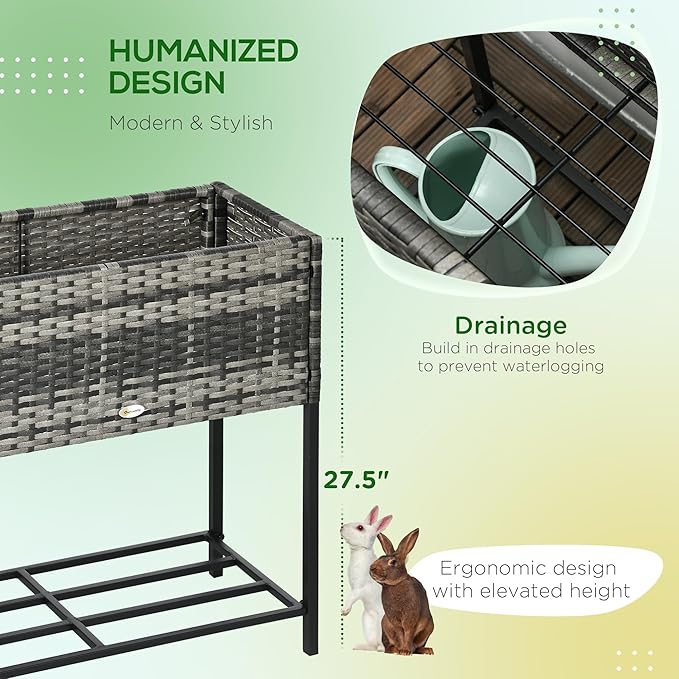 Raised Garden Bed Elevated Planter Box with Rattan Wicker Look Tool Storage Shelf Portable Design for Herbs Vegetables Flowers Gray