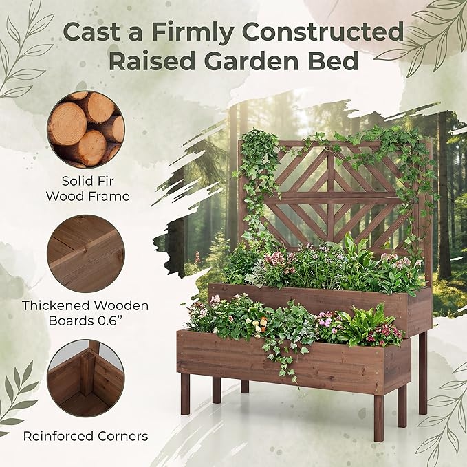 Giantex Raised Garden Bed with Trellis 2-Tier Standing Planter Box with Legs and Drain Holes Outdoor Elevated Garden Trellis for Vine Climbing Flower Vegetable Fruit Herb Growing Coffee Brown