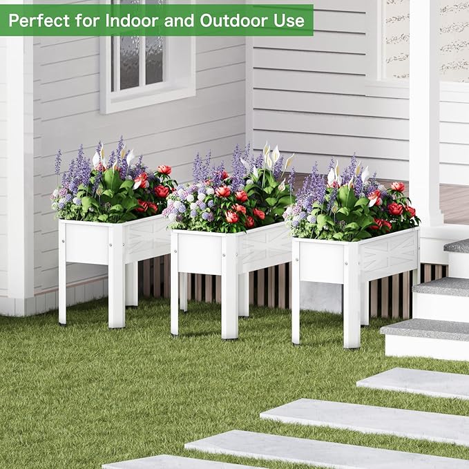 Elevated Metal Planter Box Stand Heavy Duty Raised Garden Bed for Vegetables Flowers Herbs Indoor Outdoor Use Cream