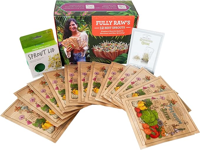 12 Variety Pack Organic Sprouting Seeds - Fully Raw Kristina's Sprouts Growing Kit with Sprouting Lid &amp Book - Alfalfa Seeds Mung Bean Radish Clover Seed Salad Mix Pea Health Blend &amp Mo