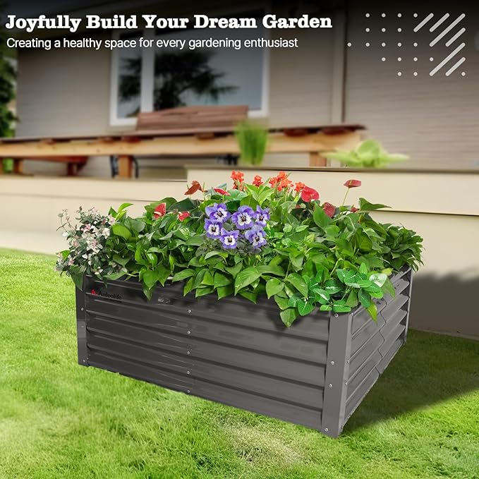A ANLEOLIFE 4X4X1.5 ft Galvanized Raised Garden Beds Outdoor Square Metal Planter Box for Planting Vegetables Flowers Herb Anti-Rust &amp Easy-Setup Quartz Grey