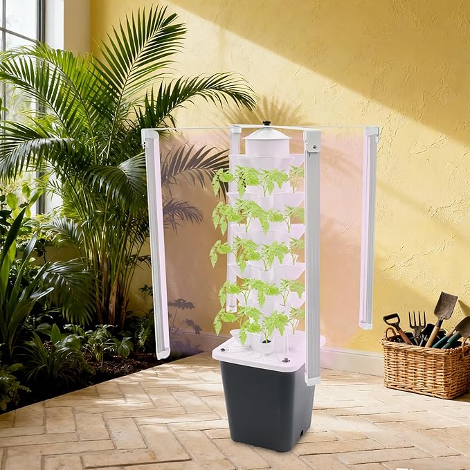 6 Tiers 30 Pods Vertical Hydroponic Tower with LED Grow Light Hydroponic Growing System with Water Pump Indoor Garden Germination Kit for Herbs Vegetables Lettuce Home Balcony Kitchen Use (Black)