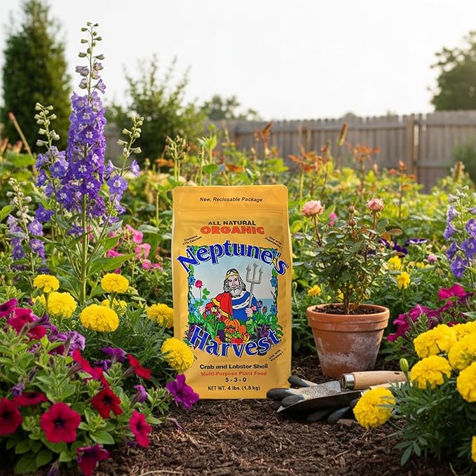 Neptune’s Harvest Organic Crab &amp Lobster Shell Multi-Purpose Plant Food (5-3-0) - 4 LB Resealable Bag - Rich in Nutrients Soil Fertilizer - Plant Food for Lawns Gardens and Vegetables