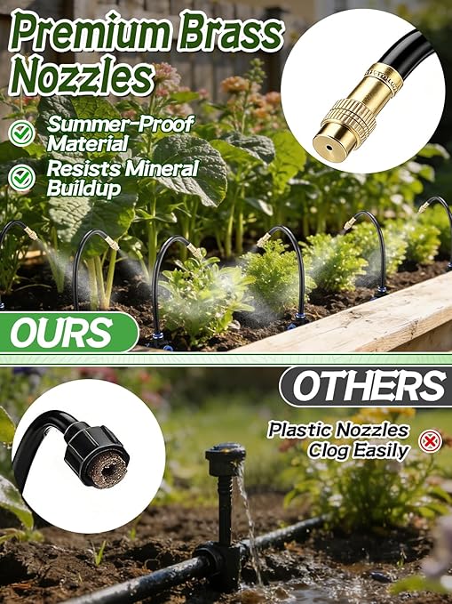 49ft Drip Irrigation System Kit - Includes 15pcs 360° Adjustable Sprayers 5/16 PE Tubing 1/2 &amp 3/4 Faucet Adapters Automatic Garden Watering Sprinkler System for Raised Bed Plants Lawn
