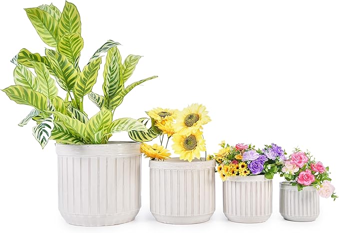 Handmade White Ceramic Planter Set of 4 681012 Inch Diameter Vertical Line Pattern for Succulents Cacti IndoorOutdoor Use on Windowsill Bookshelf Breathable Material