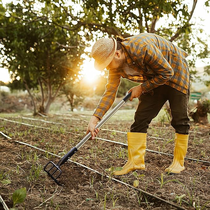 Long Hand Cultivator Carbon Steel &amp Stainless Steel Tiller Cultivator Garden Cultivator with Telescopic Handle and Soft Handle Cover Hand Tiller for Digging Loosening Weeding
