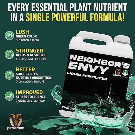 PetraMax Neighbor’s Envy Grass Fertilizer for Lawn &amp Garden 1 Gallon Covers up to 16000 sq.ft. 7-in-1 Liquid Lawn Fertilizer Concentrate for Deep Green Turf - Includes Nitrogen/Iron/Humic/Sea Ke