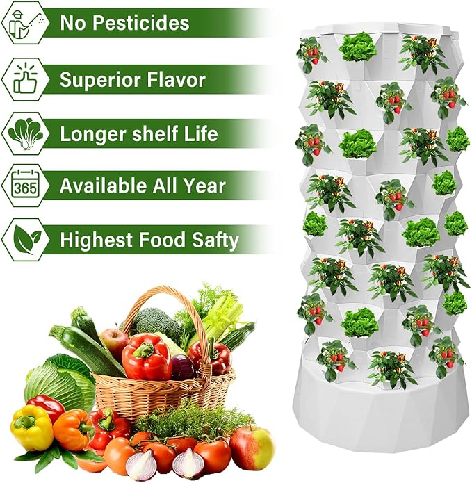 64 Plants Hydroponics Tower Hydroponics Growing System Kit with Water Pump &amp Sponges Vertical Hydroponic Planter Starter Kit for Strawberries Tomatoes Lettuce Indoor Outdoor Garden