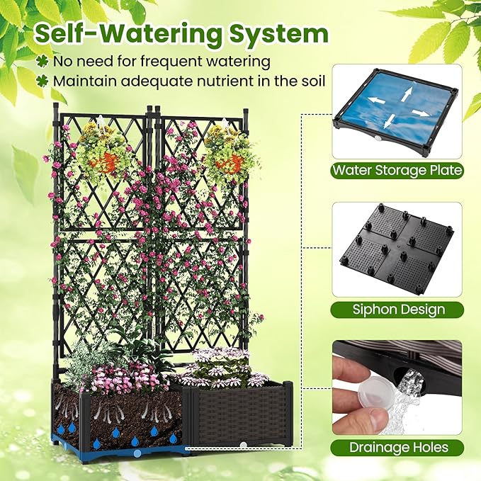Giantex Raised Garden Bed with Lattice Trellis Self-Watering Planter Box with Drain Hole for Vine Vegetable Herb Flower Fruit Indoor Outdoor Standing Privacy Fence for Yard Porch Balcony