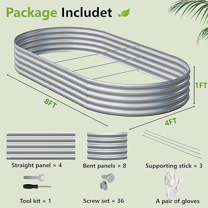 2PCS 8x4x1ft Galvanized Metal Raised Garden Bed KitOutdoor Planter Box VegetablesFlowersHerbs Durable Rust-Resistant Patio Gardening Beds