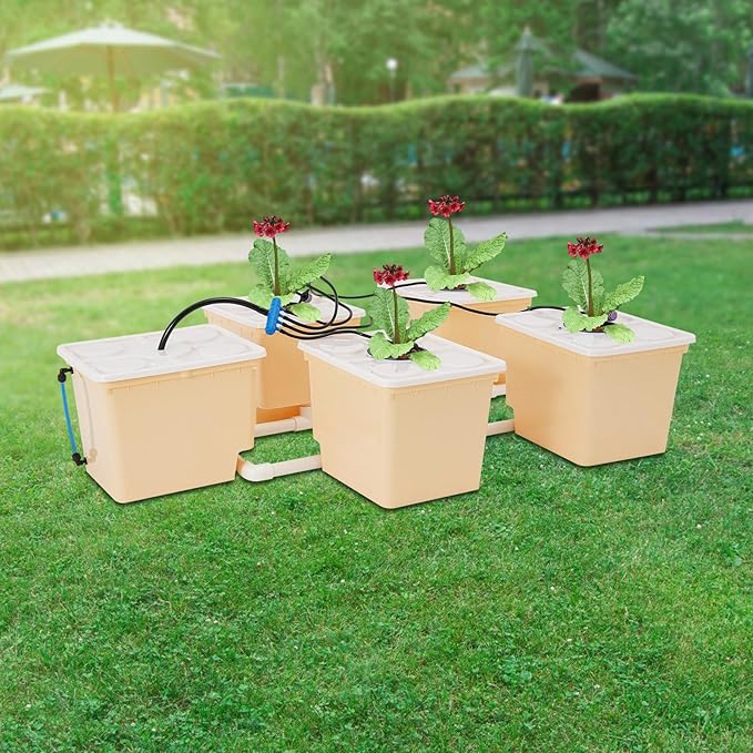 DWC Hydroponics Grow System Kit with 5-Bucket /2.91-Gallon Deep Water Culture Triangular Cover Design Recirculating Top Drip Kit 4W Air Pump with Hose（Including Cultivation Soil ）