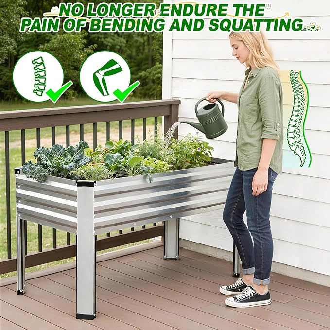Galvanized Raised Garden Bed with Legs 48x24x32in Elevated Raised Garden Bed Outdoor with Drainage Holes Planter Boxes for Gardening Vegetable Flower Fruit in Backyard Patio Balcony (Silver)