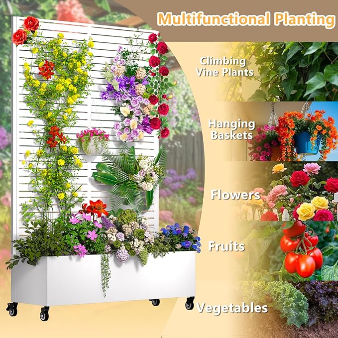 Metal Planter Box with Trellis 72.1x47.2x16 Outdoor Galvanized Raised Garden Bed with Privacy Screen &amp Drainage Holes &amp Lockable Casters for Climbing Plants Vegetable (White-Louvered)