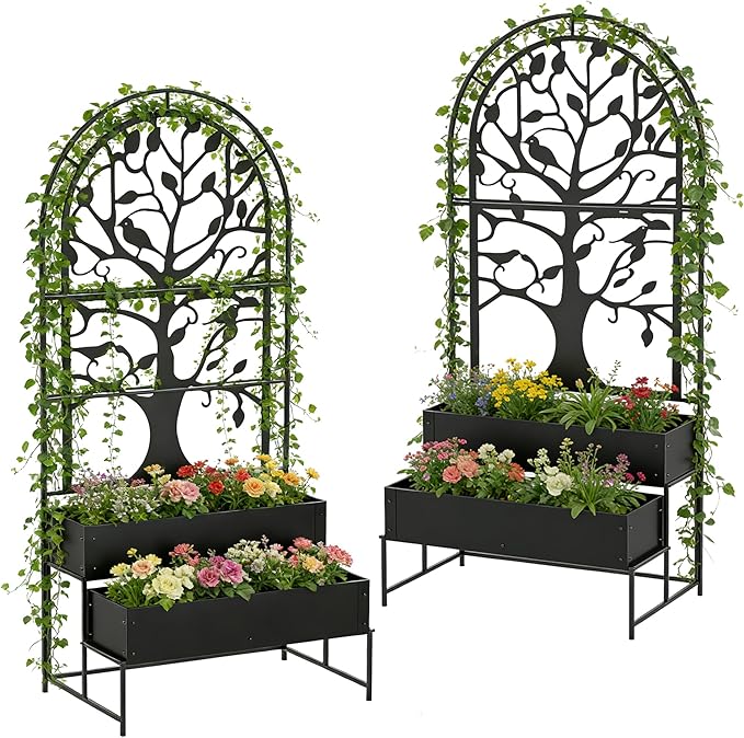 Arched Outdoor Planter Box with Trellis Set of 2 for Climbing Plants 2 Tiers Metal Privacy Planters for Patio Raised Garden Bed with Legs for Vegetables Balcony 75.2 x 22 x 34.6 Inch 2PCS Black