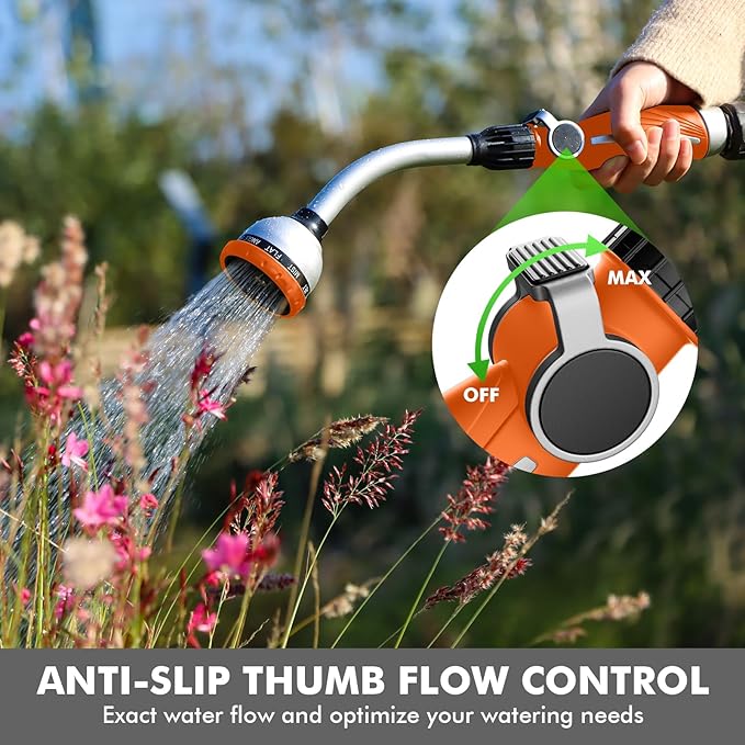 RESTMO Watering Wand Heavy Duty Metal Garden Hose Wand with 10 Spray Patterns 15-Inch Long Hose Nozzle Sprayer with Thumb Flow Control Ideal to Water Hanging Baskets and Shrubs Orange