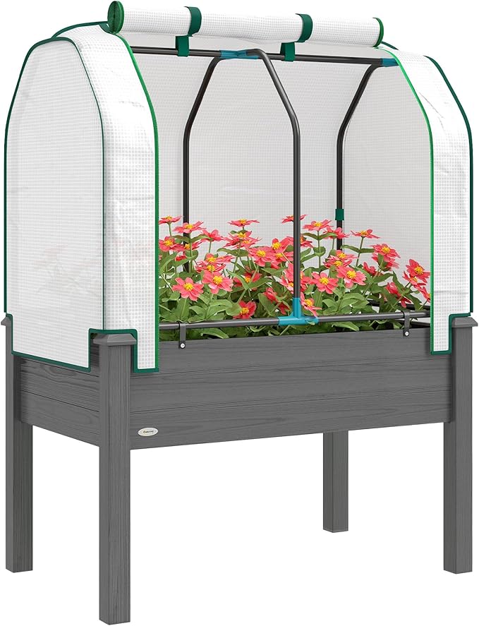 Outsunny Raised Garden Bed with PE Greenhouse Cover Outdoor Elevated Wood Planter Box for Herbs and Vegetables Use for Patio Backyard Balcony 35 x 22 x 47 inch Dark Gray