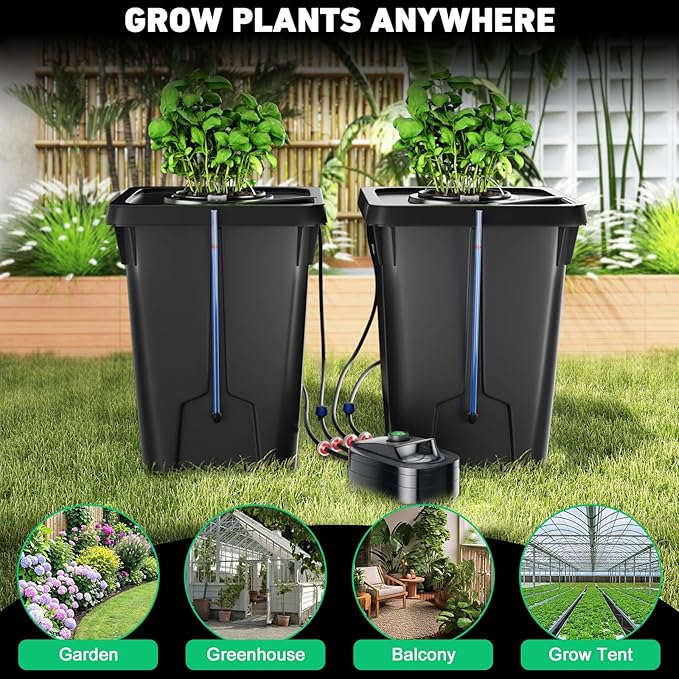 2 Buckets DWC Hydroponics Grow System with Top Drip Kit 7 Gallon Deep Water Culture with Air Pump Air Stone Air Hose Recirculating Drip Garden System
