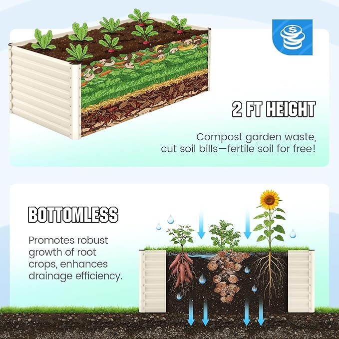 Quictent Galvanized Raised Garden Bed Metal Planter Box Bottomless for Backyard Outdoor Include 1 pc Tomato Cage Beige 6x3x2 Ft