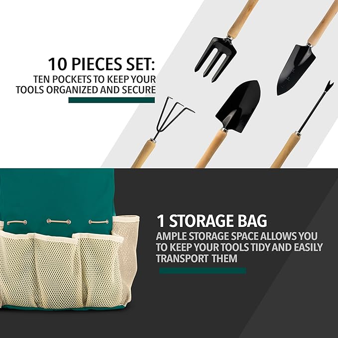 Garden Tools Set – Gardening Tools Organizer Handbag – Rust Proof Heavy Duty Ergonomic &amp Durable Tool Bag Kit – Gardening Gifts for Women &amp Men – Garden Tool Organizer Tote Bag with 10 Piece