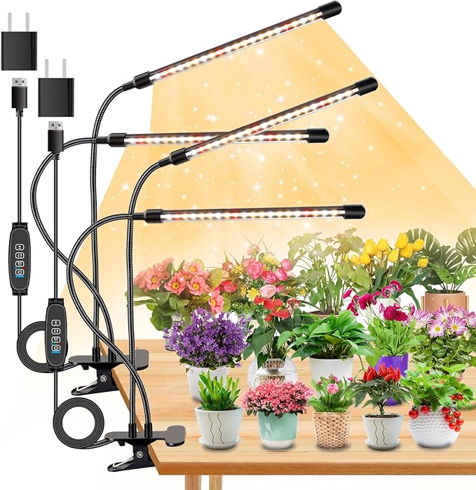 4 Heads Grow Lights for Indoor Plants Full Spectrum LED Plant Lamps with Clips and 120 inch Cables for Seeding Growing(with Adapter)