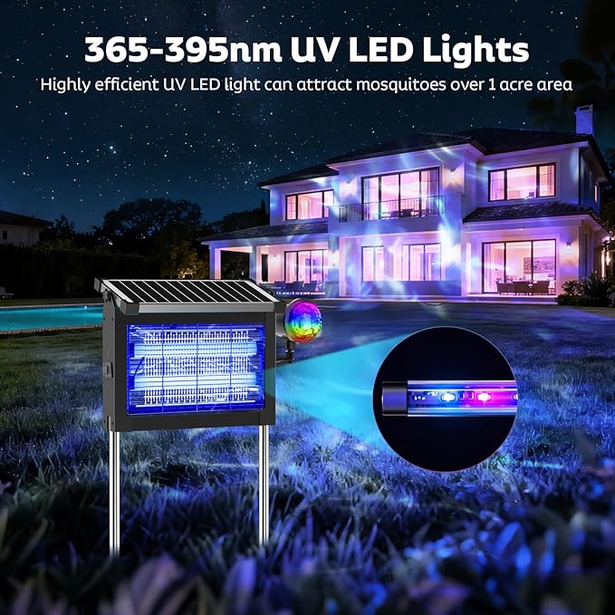 Solar Bug Zapper Outdoor with Projector Lights Mosquito Zapper Waterproof Electric Fly Zapper Rechargeable with 10W Solar Panel 4500V Cordless Fly Trap for Backyard Patio Garden Camping
